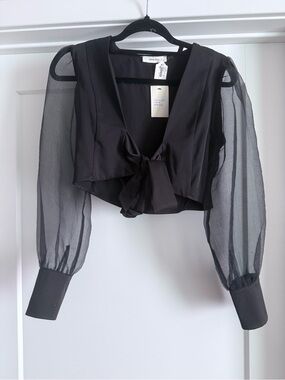 Tie-Front Sheer Sleeve Black Blouse